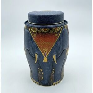 Collectible Williamson Elephant Blue Grey & Gold Tea Tin/Caddy 6.5" EMPTY